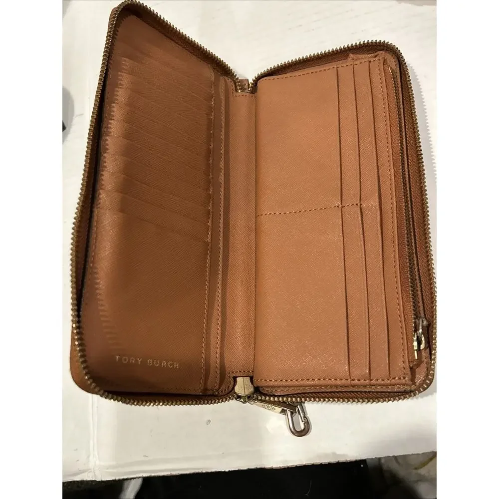 Tory Burch Brown Gold Emerson Saffiano Leather Wristlet Continental Wallet